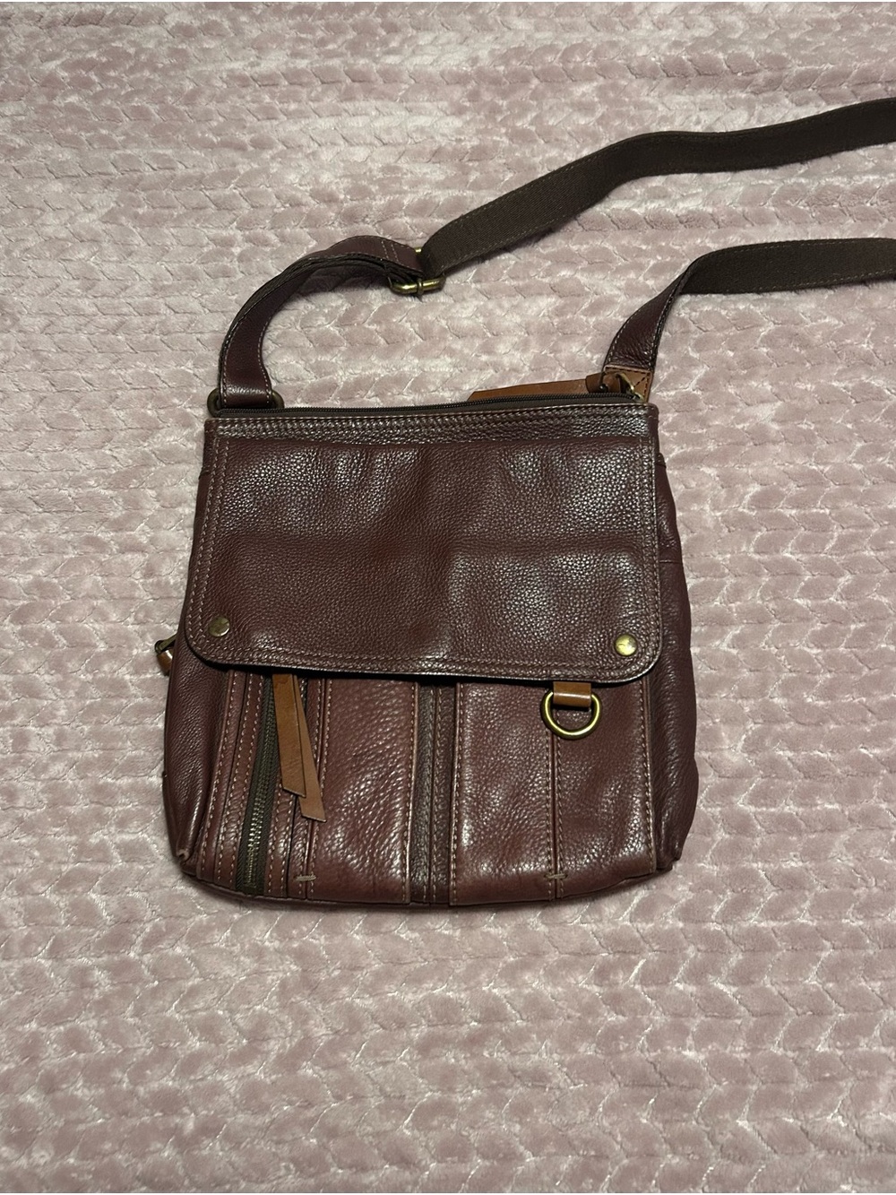 Fossil Brown Leather Pebbled Crossbody Bag